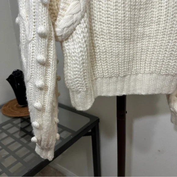 Farm Rio Braided Sweater S Pom Pom Off White wool blend - Picture 10 of 14